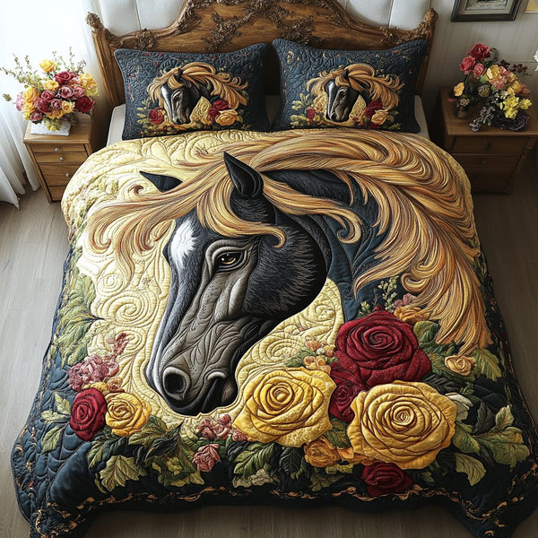 Horse Beauty quilted 3-piece bedding set on a made bed in a rustic timber bedroom
