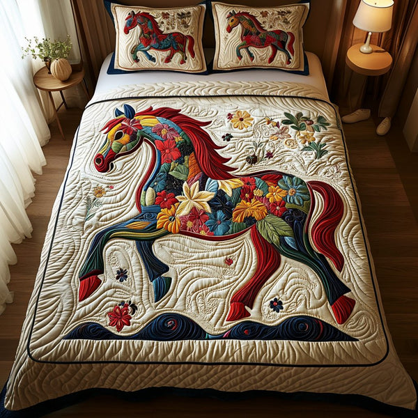Horse Blooms quilted 3-piece bedding set on a made bed in a rustic timber bedroom