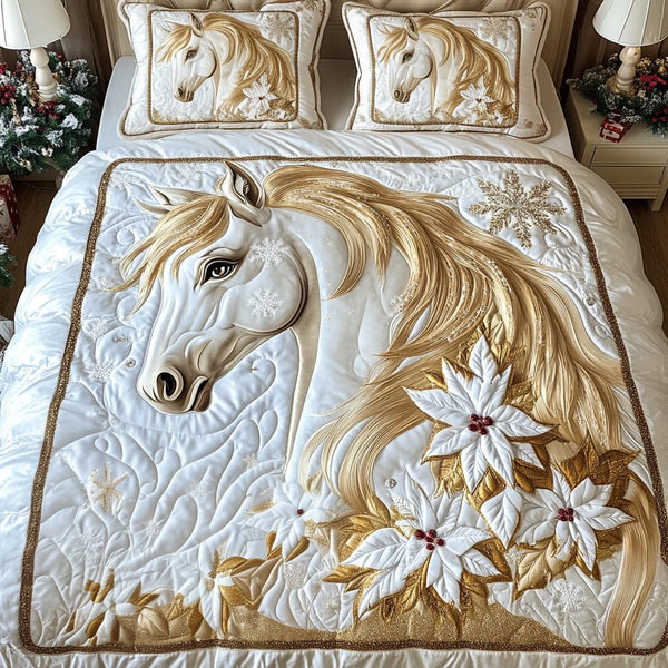 Horse Brilliance quilted 3-piece bedding set on a made bed in a rustic timber bedroom
