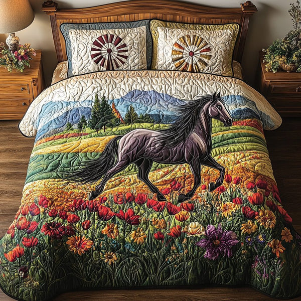 Horse Country Beauty quilted 3-piece bedding set on a made bed in a rustic timber bedroom