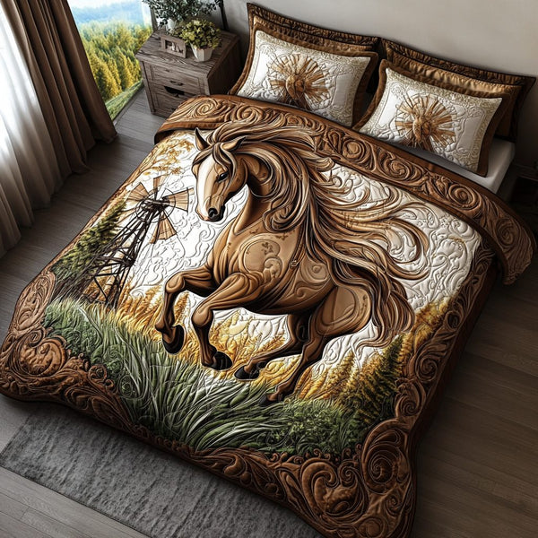 Horse Country Charm quilted 3-piece bedding set on a made bed in a rustic timber bedroom