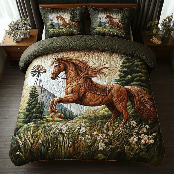 Horse Country Meadow quilted 3-piece bedding set on a made bed in a rustic timber bedroom