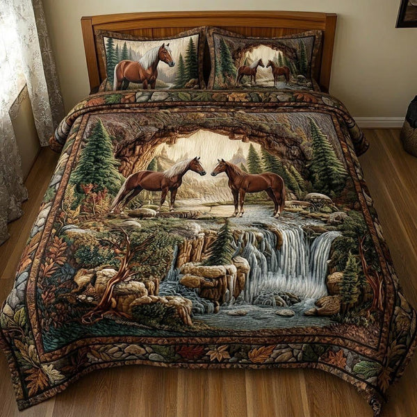 Horse Couple quilted 3-piece bedding set on a made bed in a rustic timber bedroom