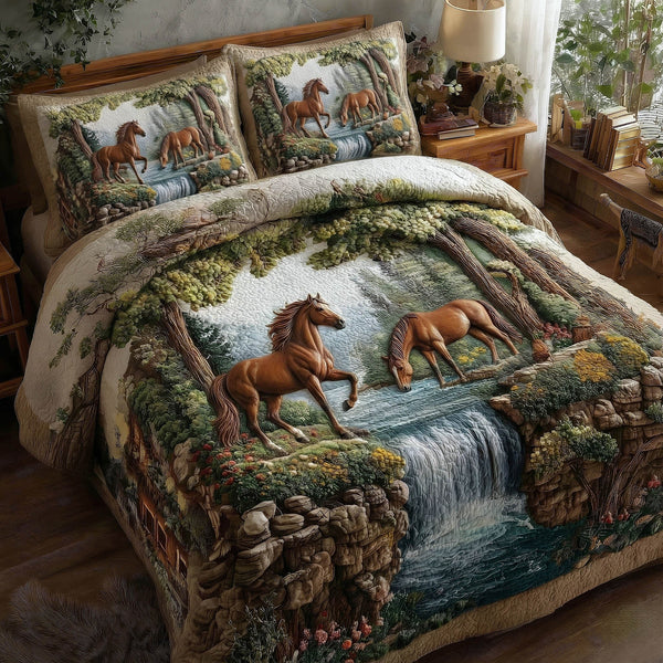 Horse Couple quilted 3-piece bedding set on a made bed in a rustic timber bedroom