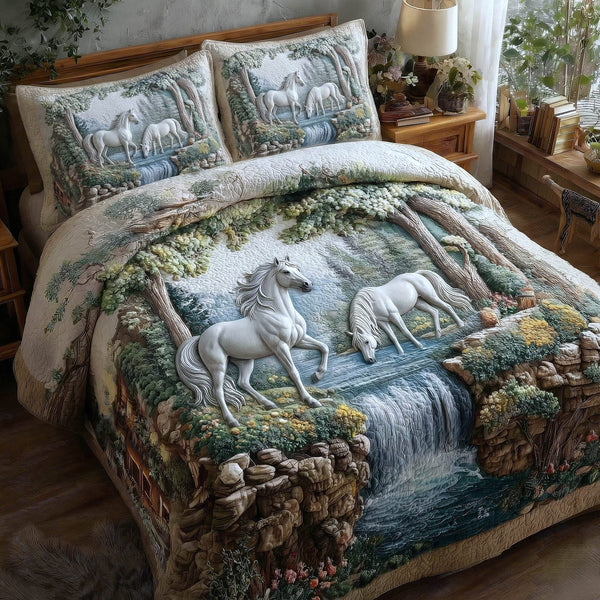 Horse Couple quilted 3-piece bedding set on a made bed in a rustic timber bedroom