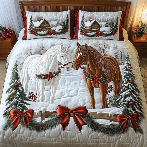 Horse Couple Winter quilted 3-piece bedding set on a made bed in a winter-styled bedroom