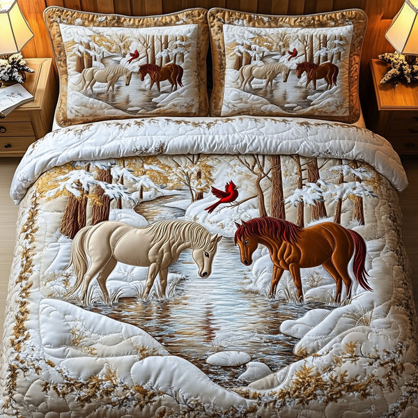 Horse Couple Winter quilted 3-piece bedding set on a made bed in a winter-styled bedroom