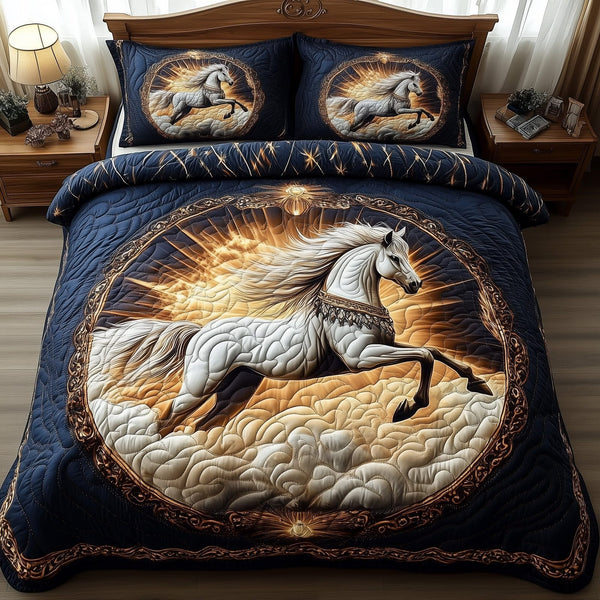 Horse Dream quilted 3-piece bedding set on a made bed in a rustic timber bedroom