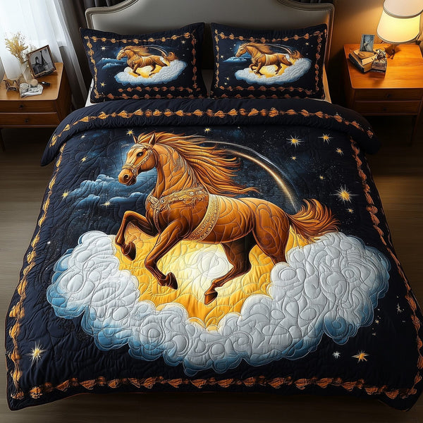 Horse Dream quilted 3-piece bedding set on a made bed in a rustic timber bedroom