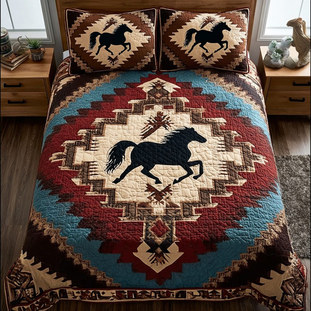 Horse Dream quilted 3-piece bedding set on a made bed in a rustic timber bedroom
