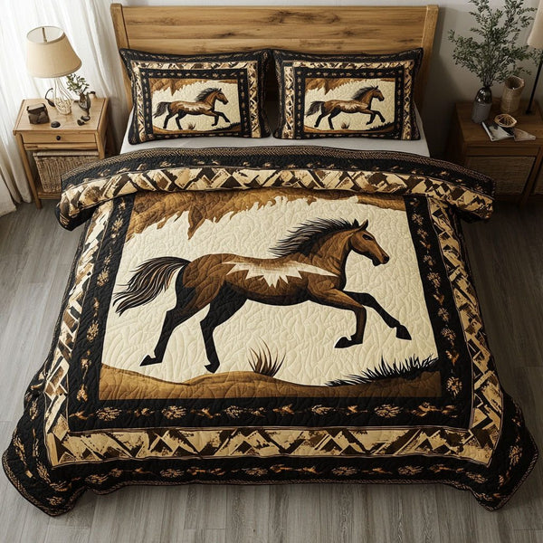 Horse Dream quilted 3-piece bedding set on a made bed in a rustic timber bedroom