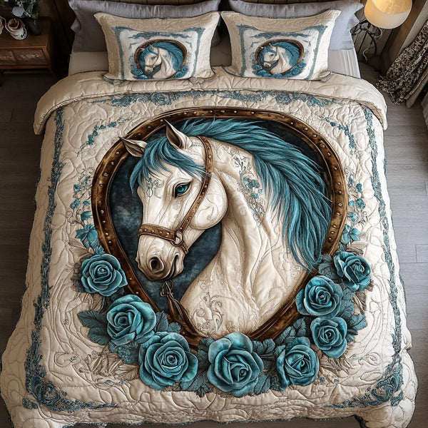 Horse Dream quilted 3-piece bedding set on a made bed in a rustic timber bedroom
