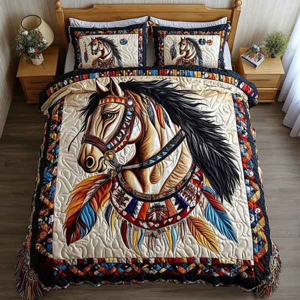 Horse Dream quilted 3-piece bedding set on a made bed in a rustic timber bedroom