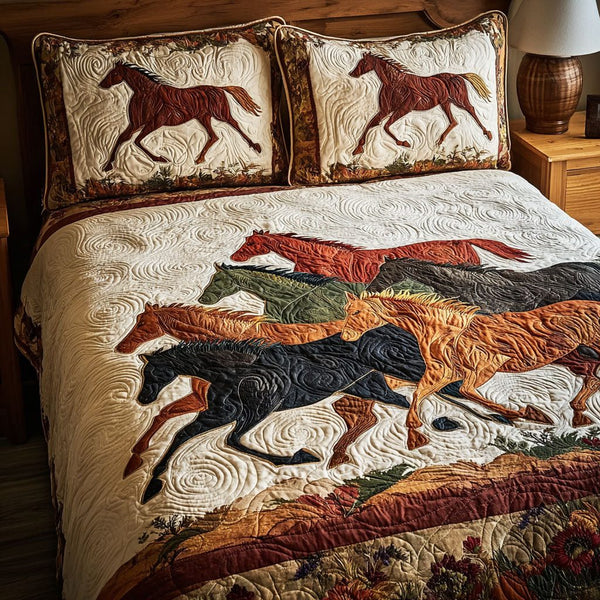 Horse Glory quilted 3-piece bedding set on a made bed in a rustic timber bedroom