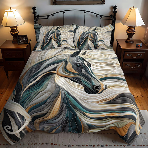 Horse Grace quilted 3-piece bedding set on a made bed in a rustic timber bedroom