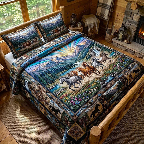 Horse Haven quilted 3-piece bedding set on a made bed in a rustic timber bedroom
