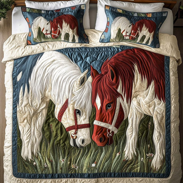 Horse Haven quilted 3-piece bedding set on a made bed in a rustic timber bedroom