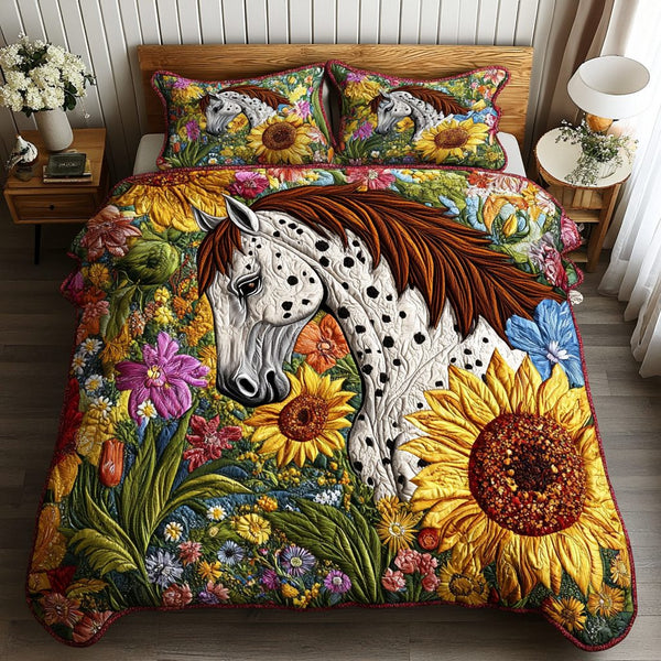 Horse in Bloom quilted 3-piece bedding set on a made bed in a rustic timber bedroom