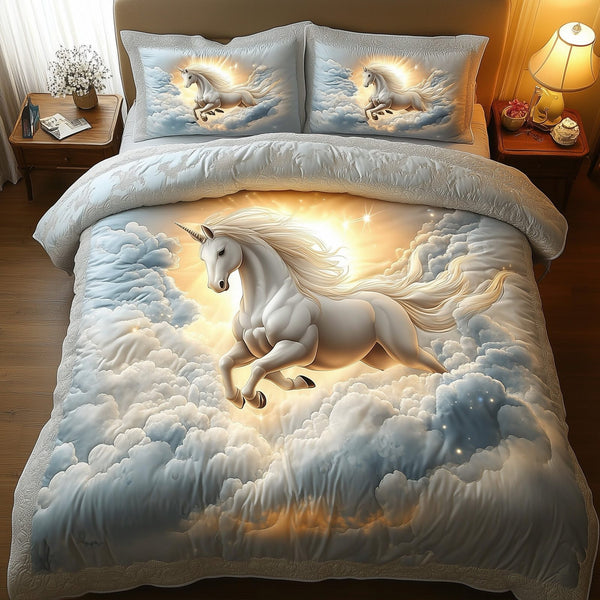 Horse In Heaven quilted 3-piece bedding set on a made bed in a softly lit bedroom