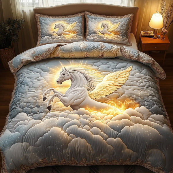 Horse In Heaven quilted 3-piece bedding set on a made bed in a softly lit bedroom