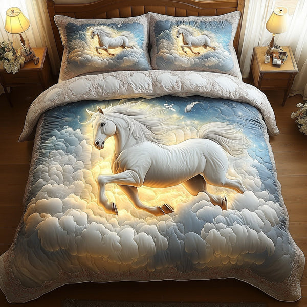 Horse In Heaven quilted 3-piece bedding set on a made bed in a softly lit bedroom