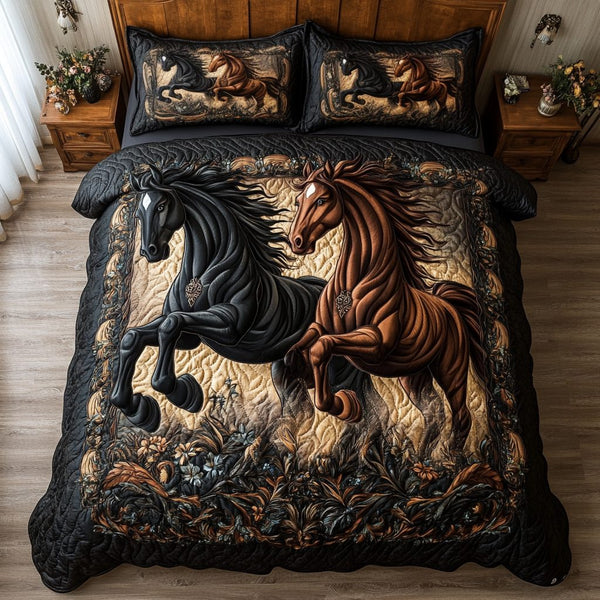 Horse Journey quilted 3-piece bedding set on a made bed in a rustic timber bedroom
