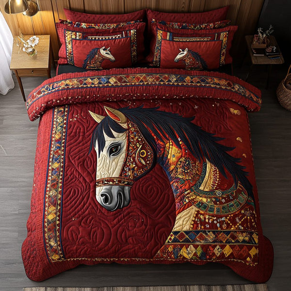 Horse Land quilted 3-piece bedding set on a made bed in a rustic timber bedroom