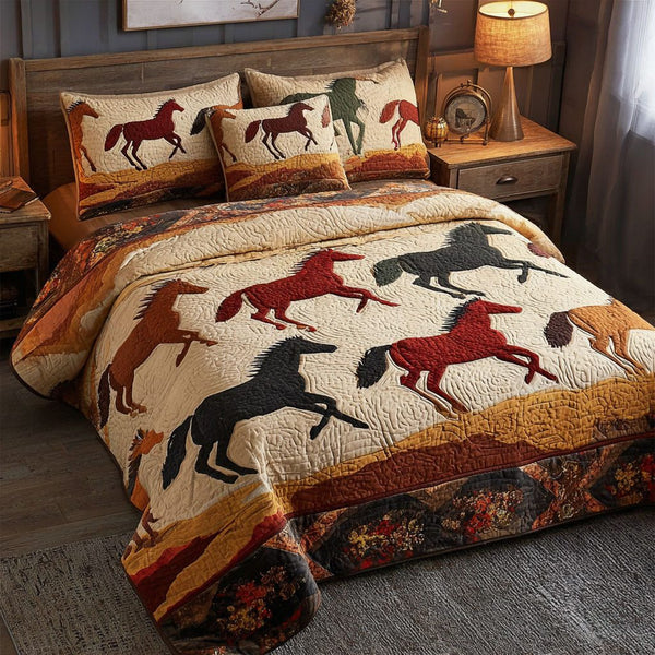 Horse Light quilted 3-piece bedding set on a made bed in a rustic timber bedroom