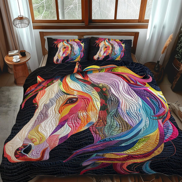 Horse Lover's Dream quilted 3-piece bedding set on a made bed in a rustic timber bedroom