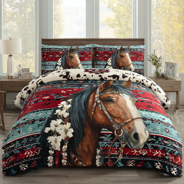 Horse Magic quilted 3-piece bedding set on a made bed in a rustic timber bedroom