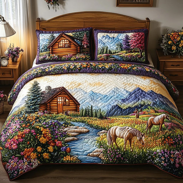 Horse Meadow Haven quilted 3-piece bedding set on a made bed in a rustic timber bedroom