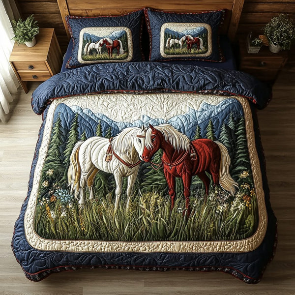 Horse Meadow quilted 3-piece bedding set on a made bed in a rustic timber bedroom