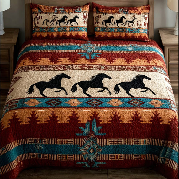 Horse Path quilted 3-piece bedding set on a made bed in a rustic timber bedroom