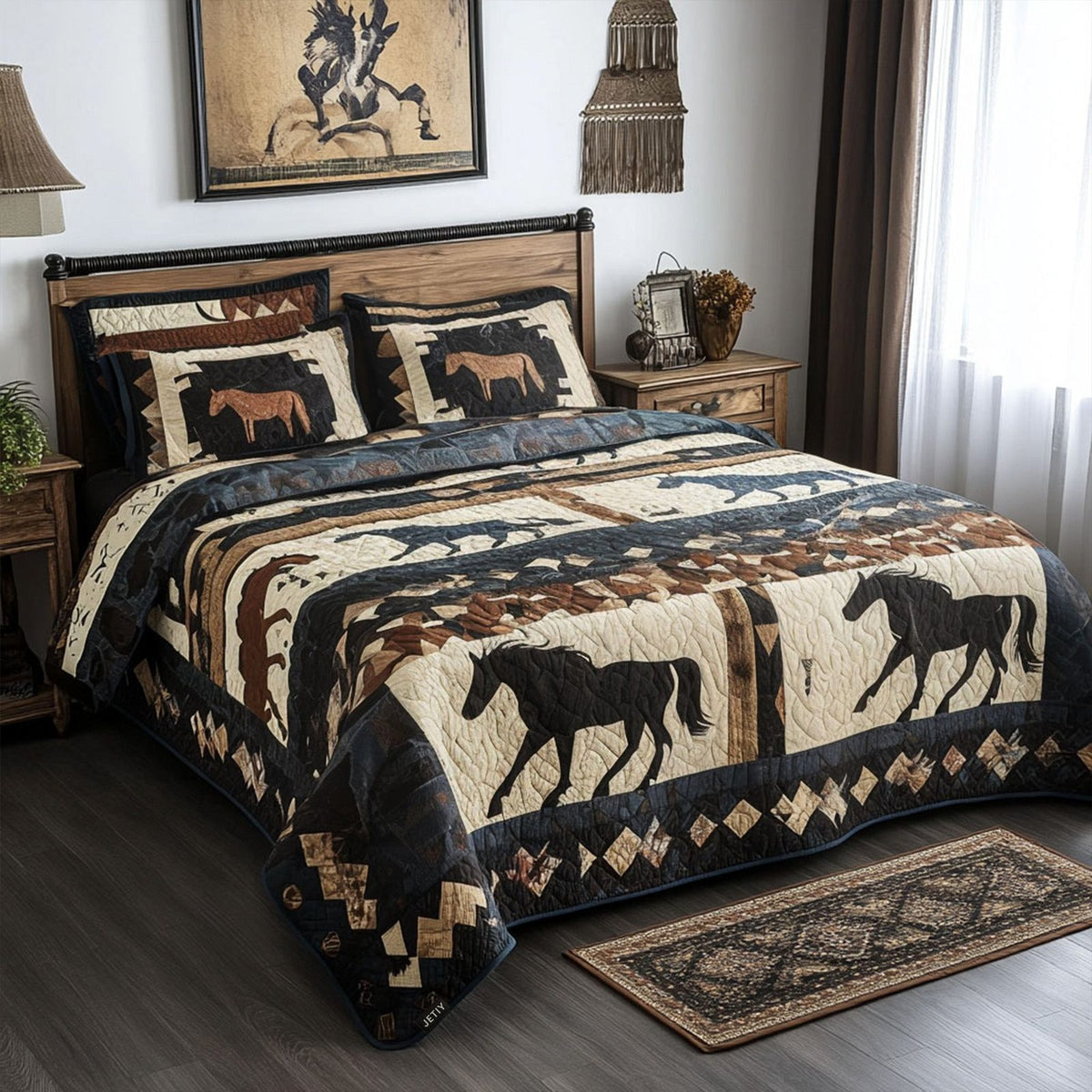 Horse Plains quilted 3-piece bedding set on a made bed in a rustic timber bedroom