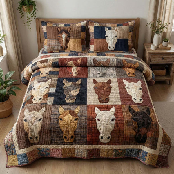 Horse Portraits quilted 3-piece bedding set on a made bed in a rustic timber bedroom