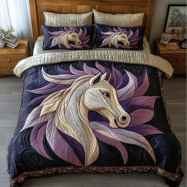 Horse Power quilted 3-piece bedding set on a made bed in a rustic timber bedroom