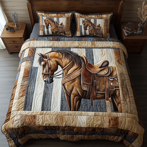 Horse Pride quilted 3-piece bedding set on a made bed in a rustic timber bedroom