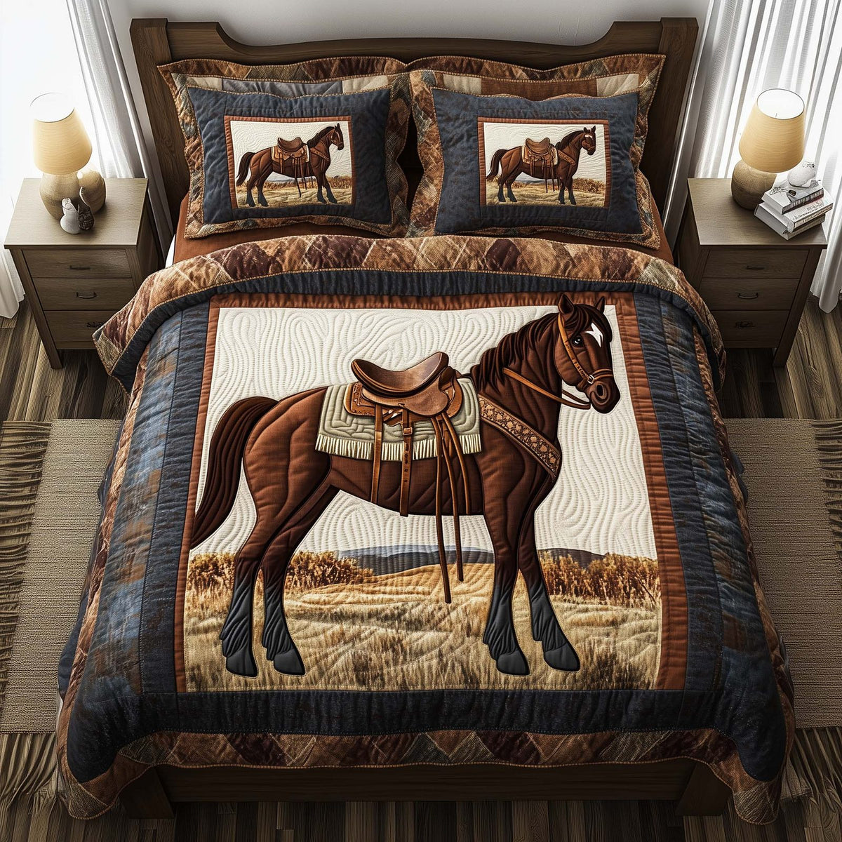Horse Pride quilted 3-piece bedding set on a made bed in a rustic timber bedroom