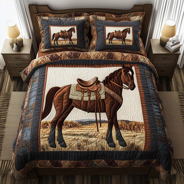 Horse Pride quilted 3-piece bedding set on a made bed in a rustic timber bedroom