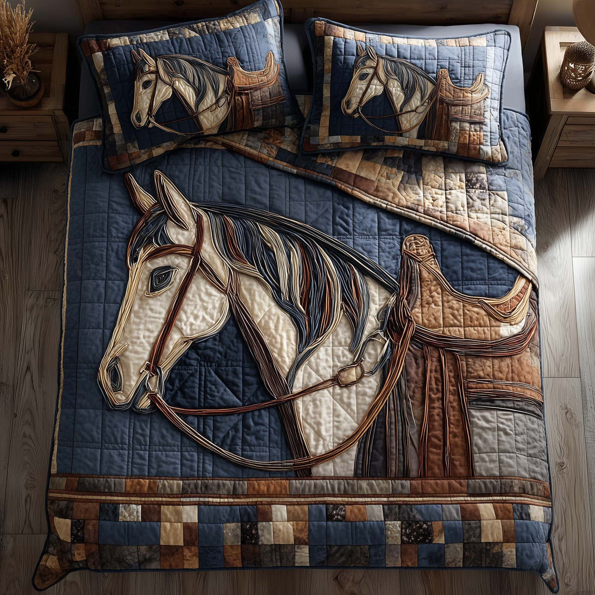 Horse Pride quilted 3-piece bedding set on a made bed in a rustic timber bedroom