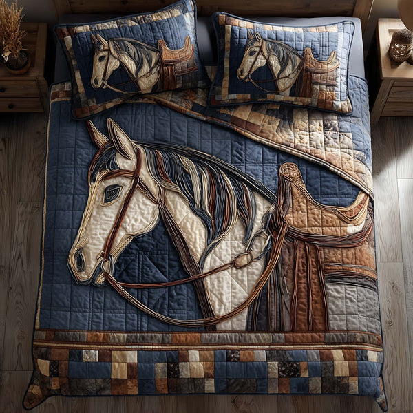 Horse Pride quilted 3-piece bedding set on a made bed in a rustic timber bedroom