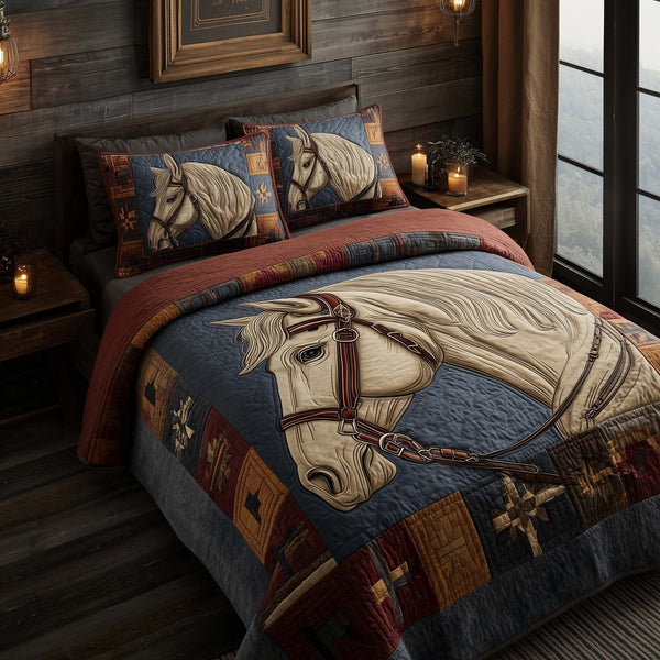 Horse Pride quilted 3-piece bedding set on a made bed in a rustic timber bedroom