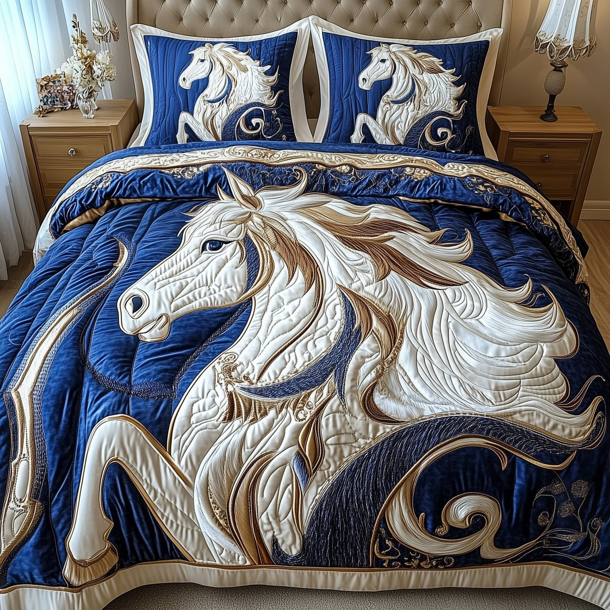 Horse quilted 3-piece bedding set on a made bed in a rustic timber bedroom