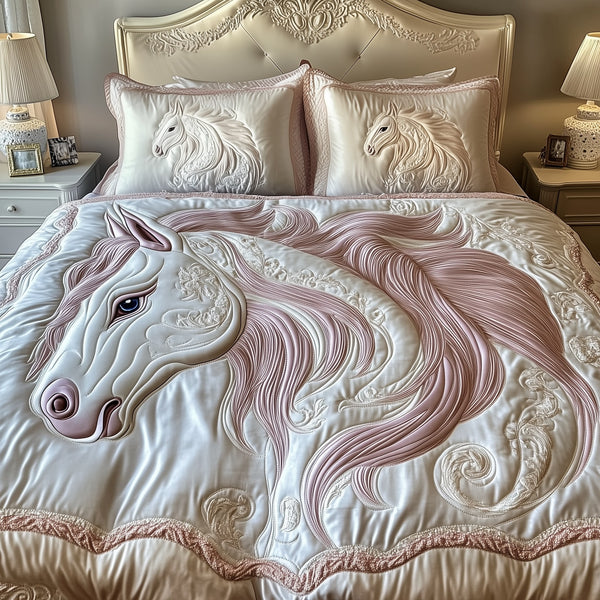 Horse quilted 3-piece bedding set on a made bed in a rustic timber bedroom