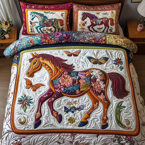 Horse quilted 3-piece bedding set on a made bed in a rustic timber bedroom