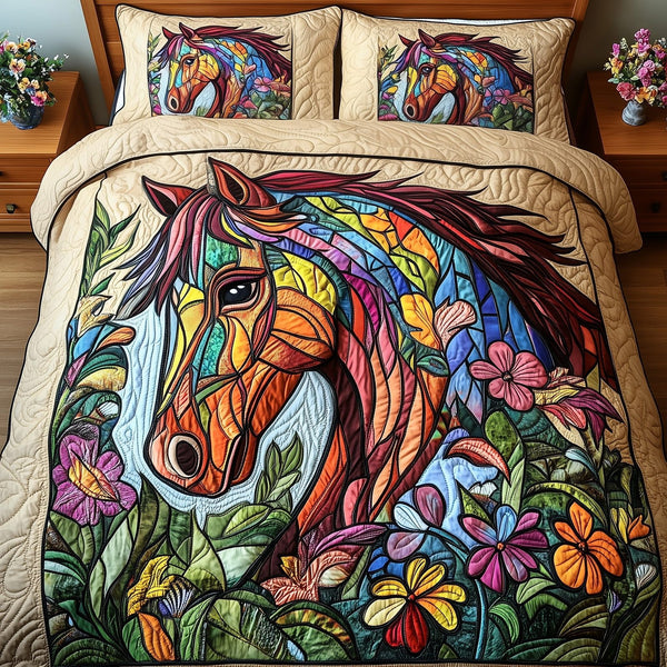 Horse quilted 3-piece bedding set on a made bed in a rustic timber bedroom
