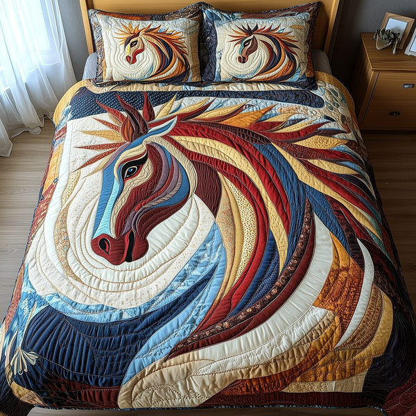 Horse quilted 3-piece bedding set on a made bed in a rustic timber bedroom