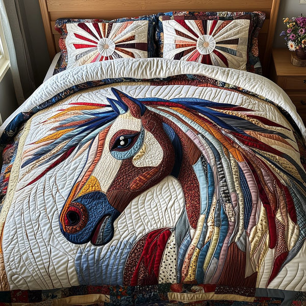 Horse quilted 3-piece bedding set on a made bed in a rustic timber bedroom