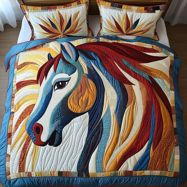 Horse quilted 3-piece bedding set on a made bed in a rustic timber bedroom