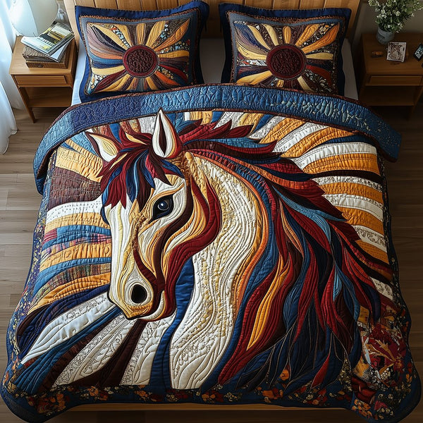 Horse quilted 3-piece bedding set on a made bed in a rustic timber bedroom